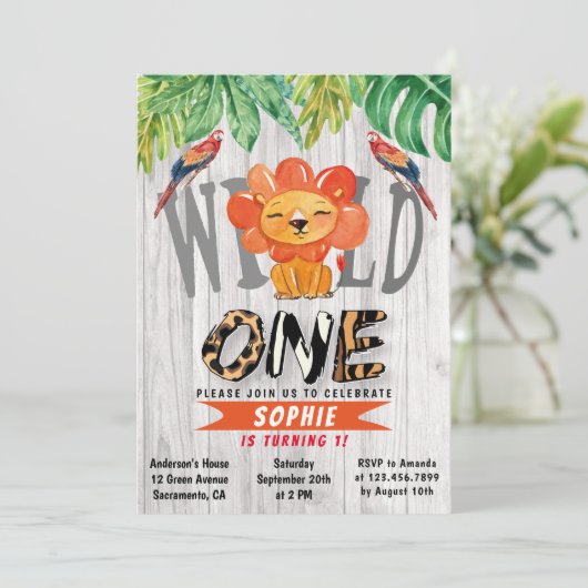 Wild One Girls Waterverf Safari Lion 1e verjaardag Kaart (Staand voorkant)