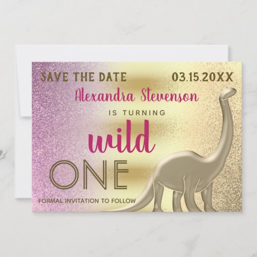 Wild One Glitter Roze & Gouden Dinosaurus 1e Verja Save The Date (Voorkant)