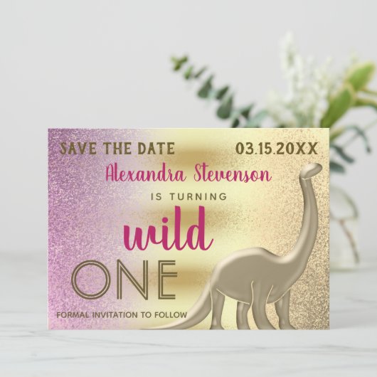 Wild One Glitter Roze & Gouden Dinosaurus 1e Verja Save The Date (Staand voorkant)