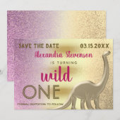 Wild One Glitter Roze & Gouden Dinosaurus 1e Verja Save The Date (Voorkant / Achterkant)