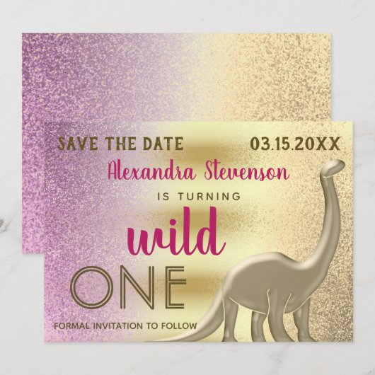 Wild One Glitter Roze & Gouden Dinosaurus 1e Verja Save The Date (Voorkant / Achterkant)