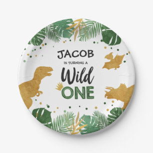 Wild One Gold Dinosaur Boy First Birthday Safari Papieren Bordje
