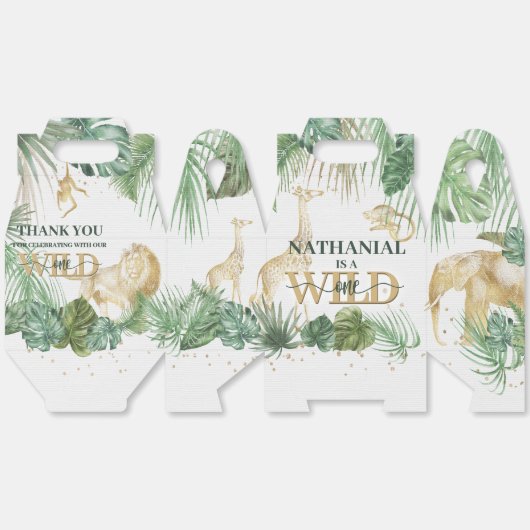 🌿🦁 Wild One Gold Green Birthday Favour Boxes Bedankdoosjes (Ongevouwen)