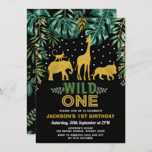 Wild One / Gold Oerwoud Safari Animals 1e verjaard Kaart (Voorkant / Achterkant)