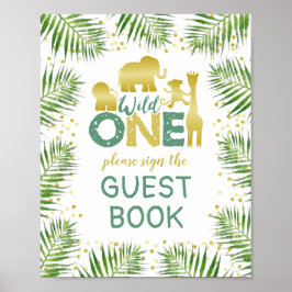 Wild One Gold Safari Baby shower Guest Book Sign Poster