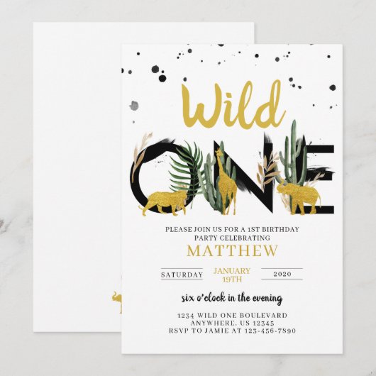 Wild One Gold Safari Birthday Uitnodiging (Voorkant / Achterkant)