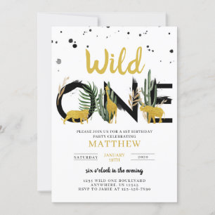Wild One Gold Safari Birthday Uitnodiging