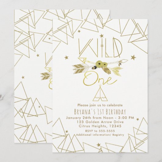 WILD ONE Goud & Wit Boho 1e Verjaardag ELKE KLEUR Kaart (Voorkant / Achterkant)