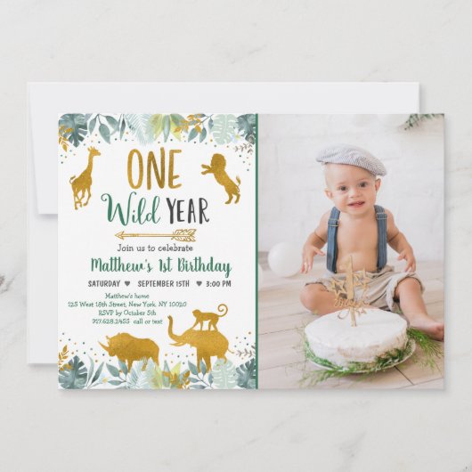 Wild One Greenery Gold Safari Birthday Kaart (Voorkant)