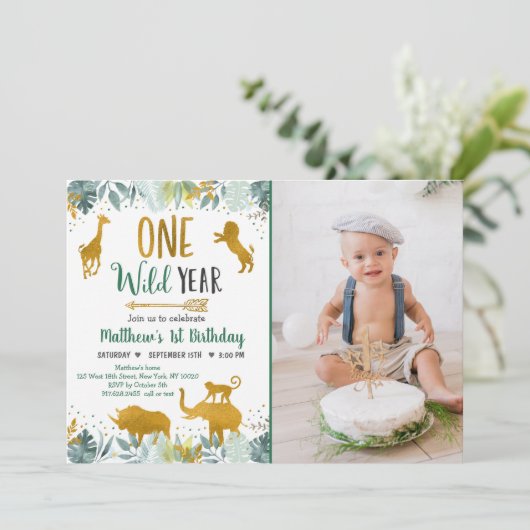 Wild One Greenery Gold Safari Birthday Kaart (Staand voorkant)