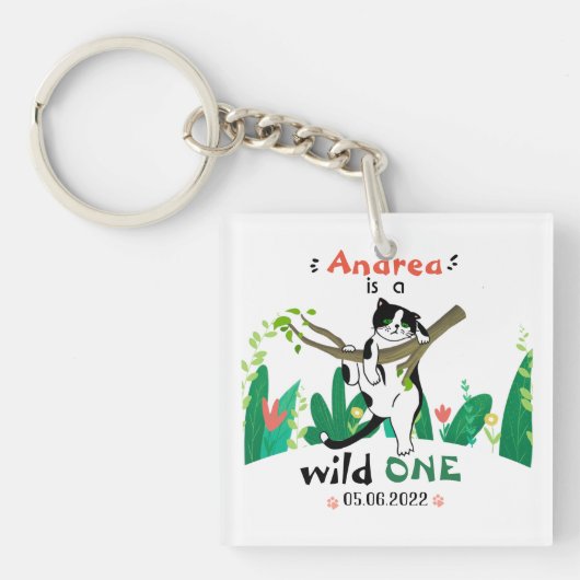 Wild One Greenery Safari Kitty Cat 1e verjaardag Sleutelhanger (voorkant)