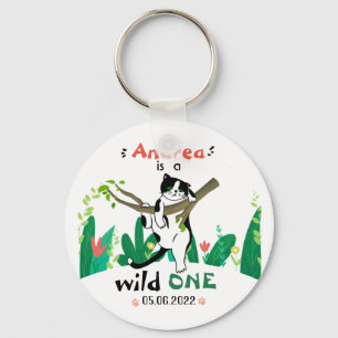 Wild One Greenery Safari Kitty Cat 1e verjaardag Sleutelhanger