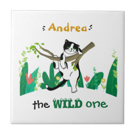 Wild One Greenery Safari Kitty Cat Birthday Tegeltje