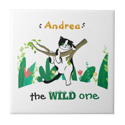 Wild One Greenery Safari Kitty Cat Birthday Tegeltje (Voorkant)
