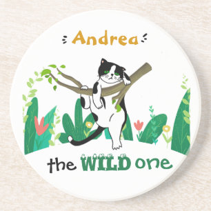 Wild One Greenery Safari Kitty Cat Birthday Zandsteen Onderzetter