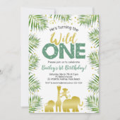 Wild One Groen Goud Safari Dieren 1e Verjaardag Kaart (Voorkant)