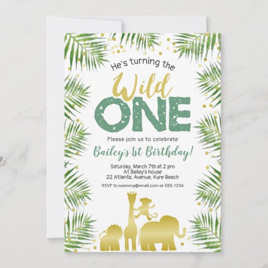 Wild One Groen Goud Safari Dieren 1e Verjaardag Kaart (Voorkant)