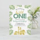 Wild One Groen Goud Safari Dieren 1e Verjaardag Kaart (Staand voorkant)