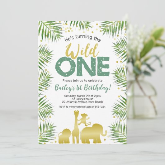 Wild One Groen Goud Safari Dieren 1e Verjaardag Kaart (Staand voorkant)