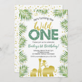 Wild One Groen Goud Safari Dieren 1e Verjaardag Kaart (Voorkant / Achterkant)