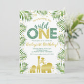 Wild One Groen Goud Safari Dieren 1e Verjaardag Kaart (Staand voorkant)