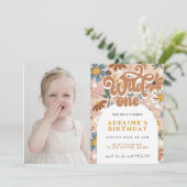 Wild One Groovy Boho Floral 1st Birthday Foto Kaart (Staand voorkant)