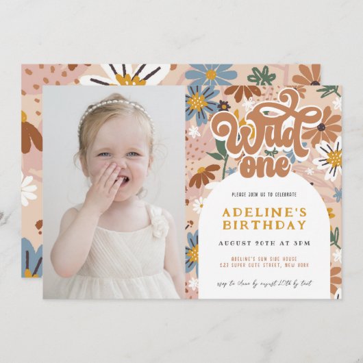Wild One Groovy Boho Floral 1st Birthday Foto Kaart (Voorkant / Achterkant)