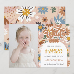Wild One Groovy Boho Floral 1st Birthday Foto Kaart