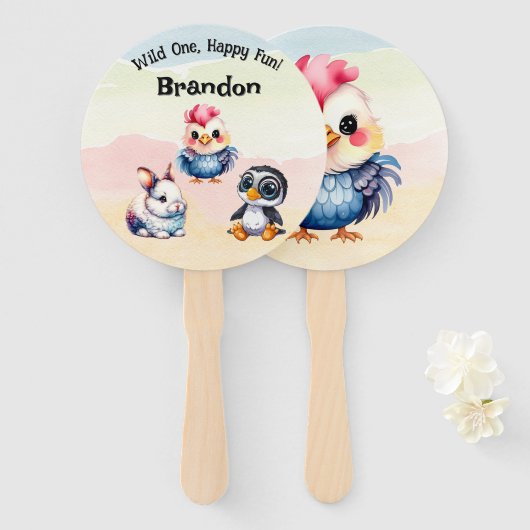 Wild One Happy Fun Woodland Animals Waterverf Handwaaier (Voorkant en achterkant)