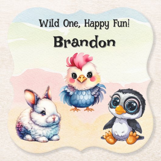 Wild One Happy Fun Woodland Animals Waterverf Kartonnen Onderzetters (Voorkant)