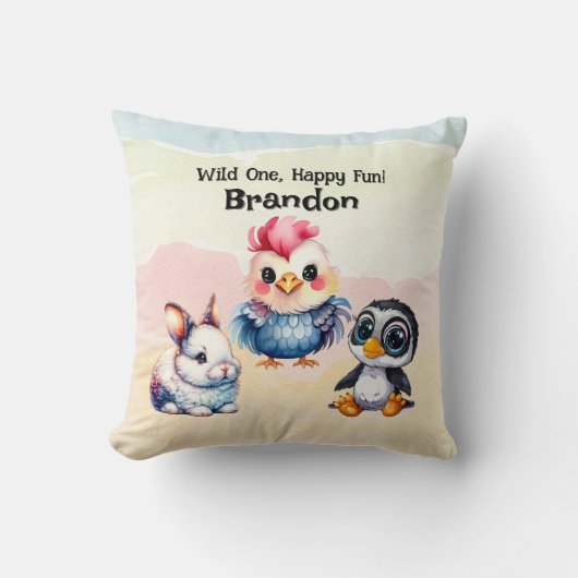 Wild One Happy Fun Woodland Animals Waterverf Kussen (Voorkant)