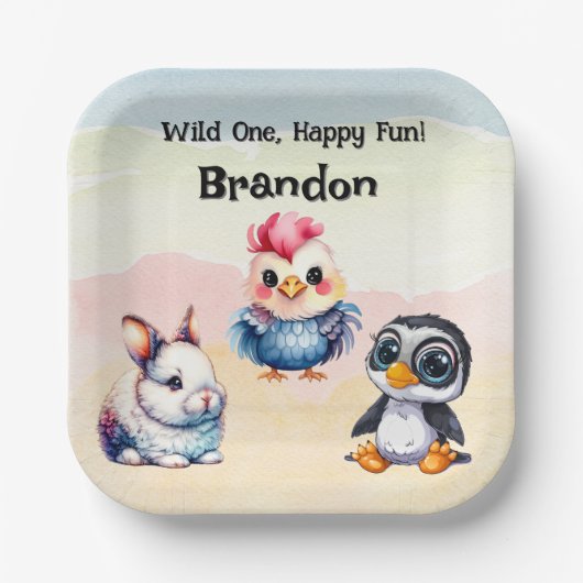 Wild One Happy Fun Woodland Animals Waterverf Papieren Bordje (Voorkant)