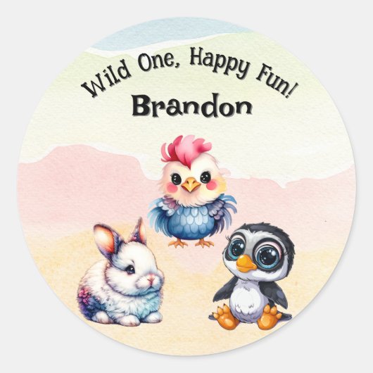 Wild One Happy Fun Woodland Animals Waterverf Ronde Sticker (Voorkant)