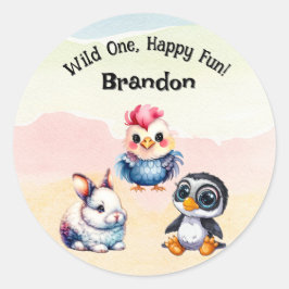 Wild One Happy Fun Woodland Animals Waterverf Ronde Sticker