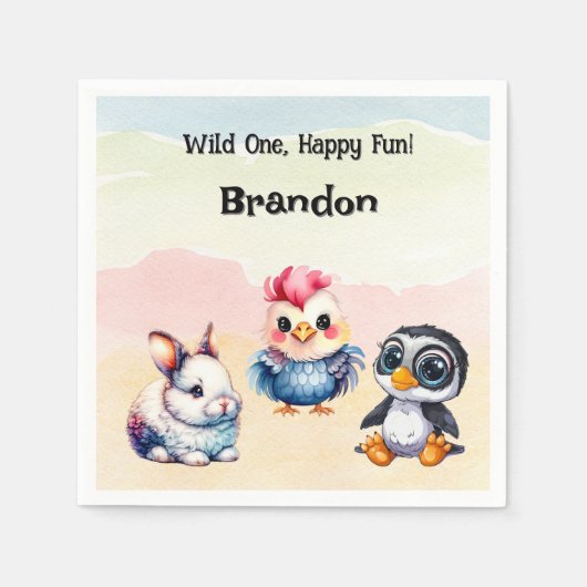 Wild One Happy Fun Woodland Animals Waterverf Servet (Voorkant)