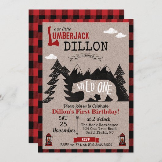 Wild One houthakker Eerste 1e verjaardag uitnodigi Kaart (Voorkant / Achterkant)