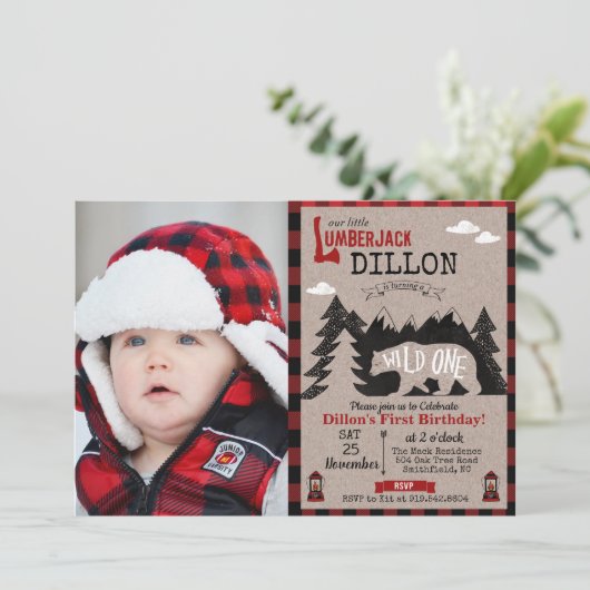 Wild One houthakker Eerste 1e verjaardag uitnodigi Kaart (Staand voorkant)