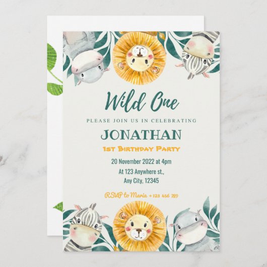Wild One Illustration Birthday Invitation Kaart (Voorkant / Achterkant)