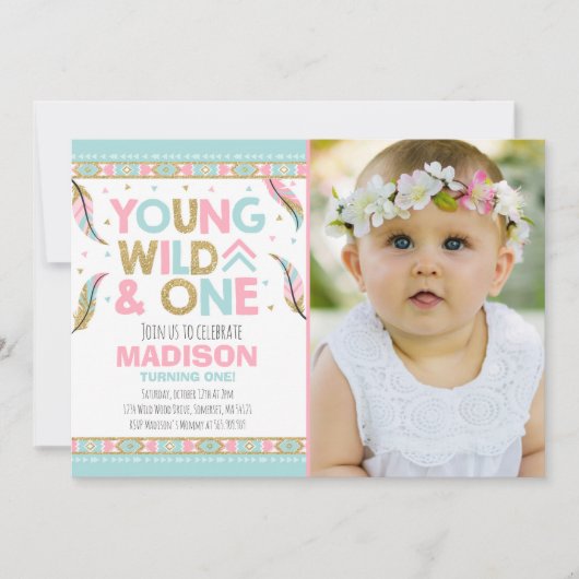 Wild One Invitation Boho Feather Wild One Party Kaart (Voorkant)