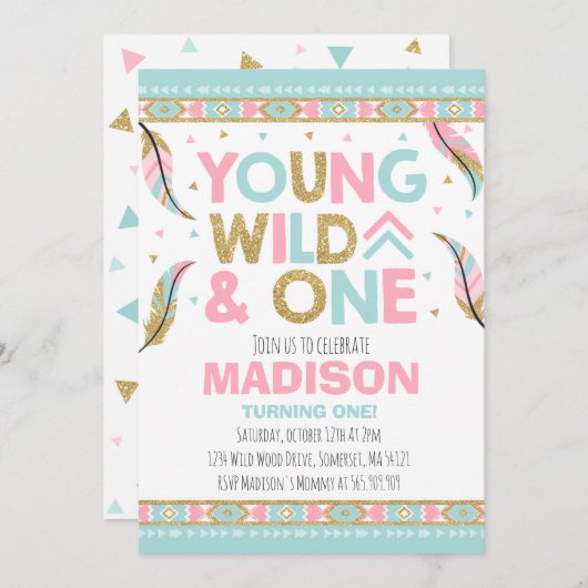 Wild One Invitation Boho Feather Wild One Party Kaart (Voorkant / Achterkant)