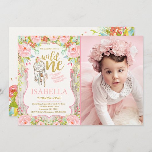 Wild One Invitation Girl Boho Dreamcatcher Party Kaart (Voorkant / Achterkant)