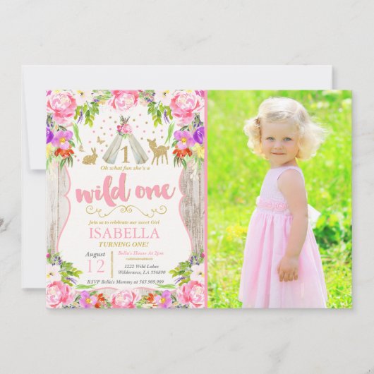 Wild One Invitation Girl Wild One 1st Birthday Kaart (Voorkant)