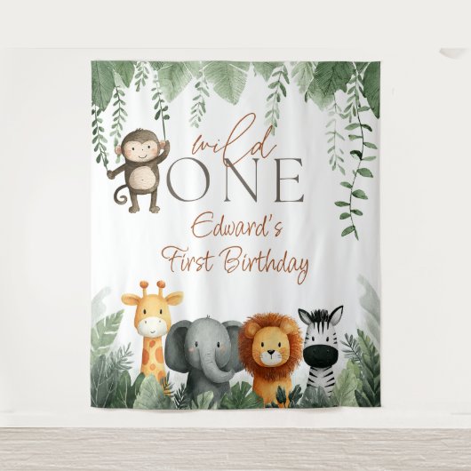 Wild One Jungle 1st Birthday Photo Backdrop Wandkleed (Voorkant)