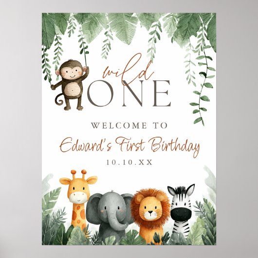 Wild One Jungle 1st Birthday Welcome Sign Poster (Voorkant)