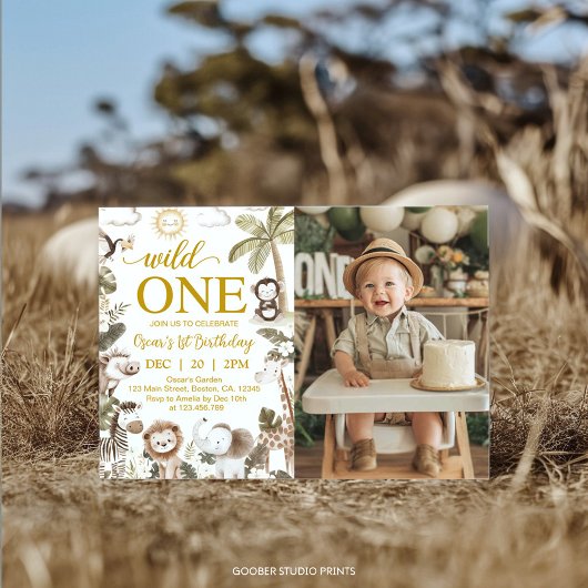 Wild One Jungle Animals 1st Birthday Party Photo Kaart