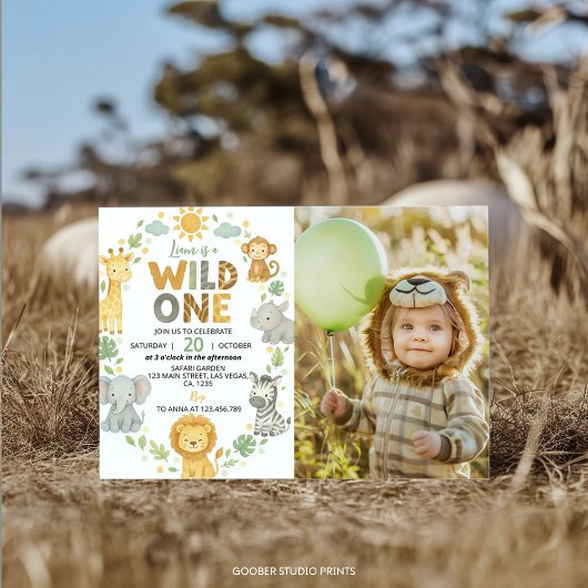 Wild One Jungle Animals Safari 1st Birthday Photo Kaart