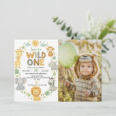 Wild One Jungle Animals Safari 1st Birthday Photo Kaart (Staand voorkant)
