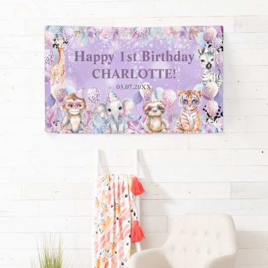 Wild One Jungle Dieren Safari 1e Verjaardag Welkom Spandoek (Insitu)