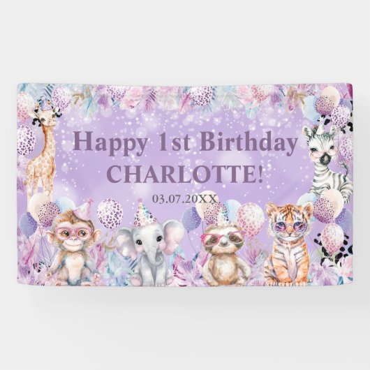 Wild One Jungle Dieren Safari 1e Verjaardag Welkom Spandoek (Horizontaal)