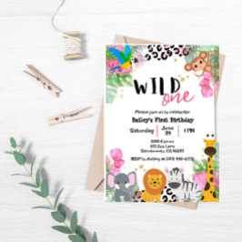 Wild One Jungle Girls Birthday Invite Kaart